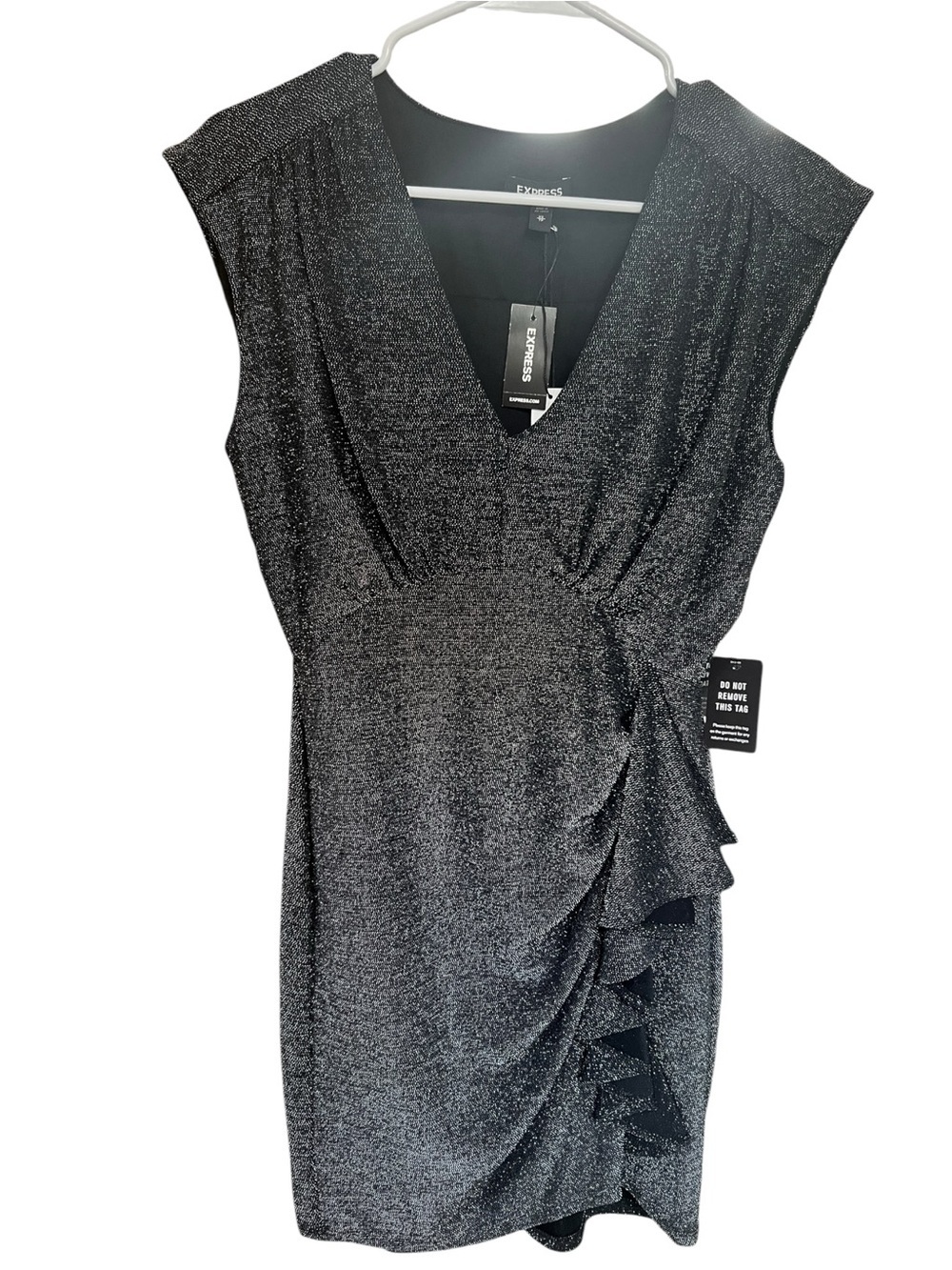 Express Shimmery Black V-Neck Ruffle Mini Dress